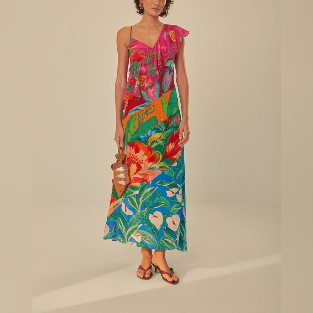 FARM Rio Mixed Flowery Ruffle One Shoulder Midi Dress Size M - Picture 5 of 16